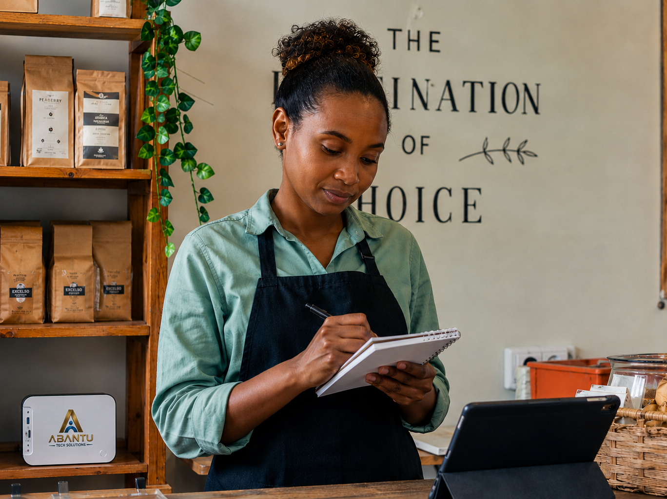A small business owner writing in a notebook at her shop counter, with an Abantu Tech Solutions AI box device on the shelf beside her
